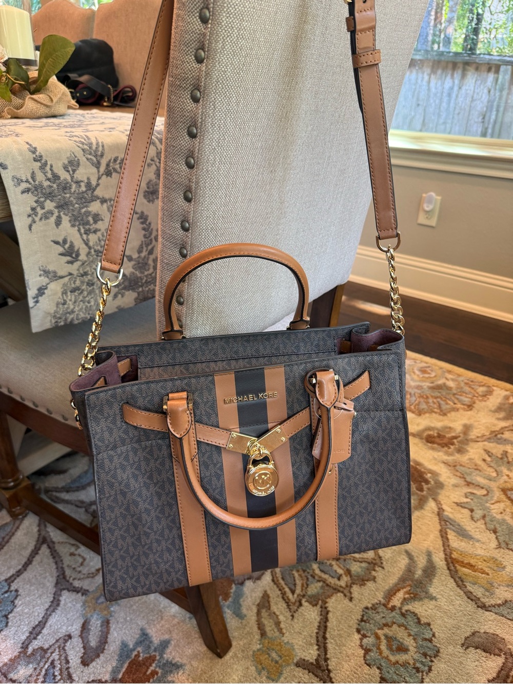 Michael Kors Brown Signature Satchel with Tan Trim and Gold Hardware